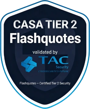 CASA Tier 2 security badge — Flashquotes certified Tier 2 security, validated by TAC Security