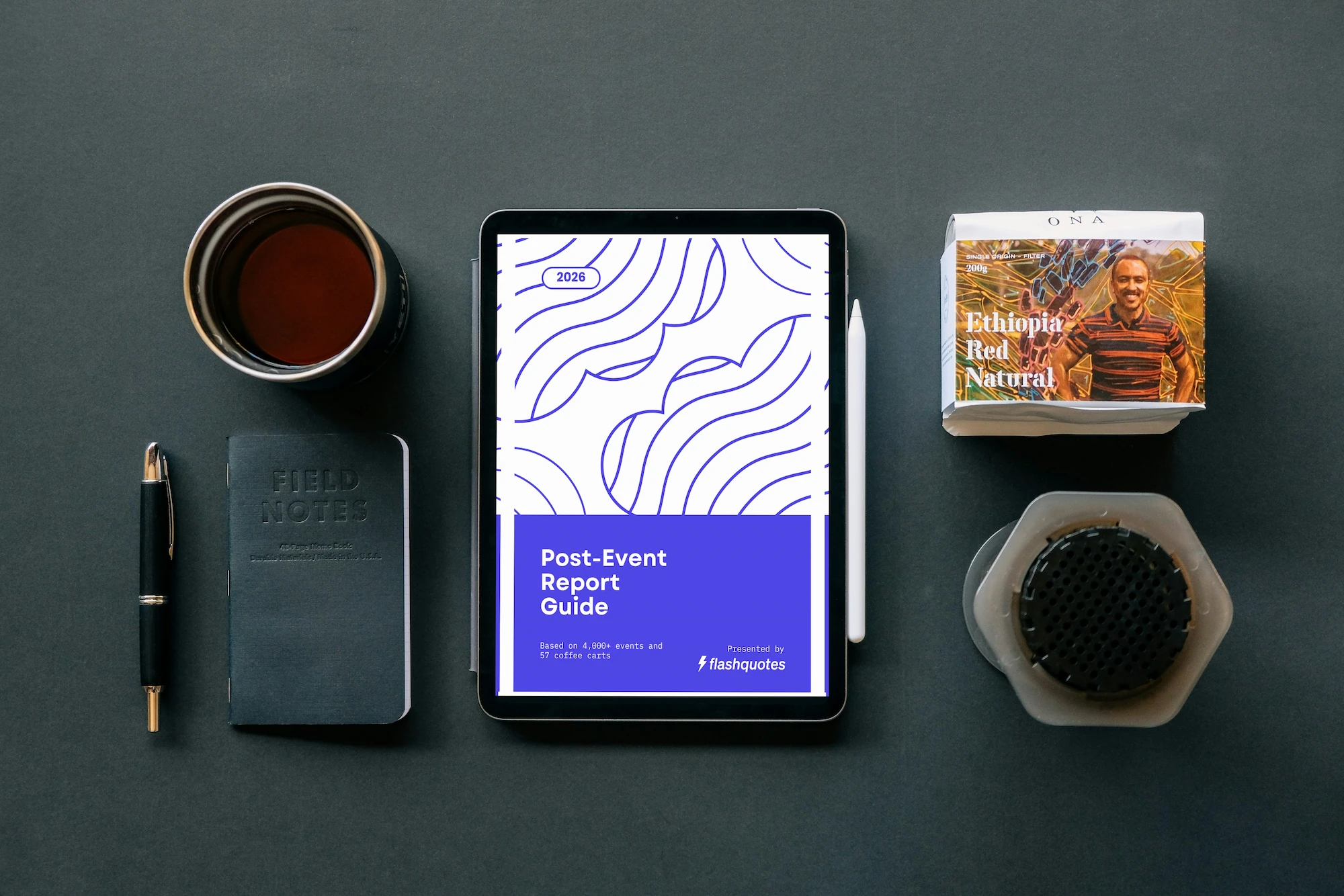 Post-Event Report Guide displayed on iPad with coffee and notebook