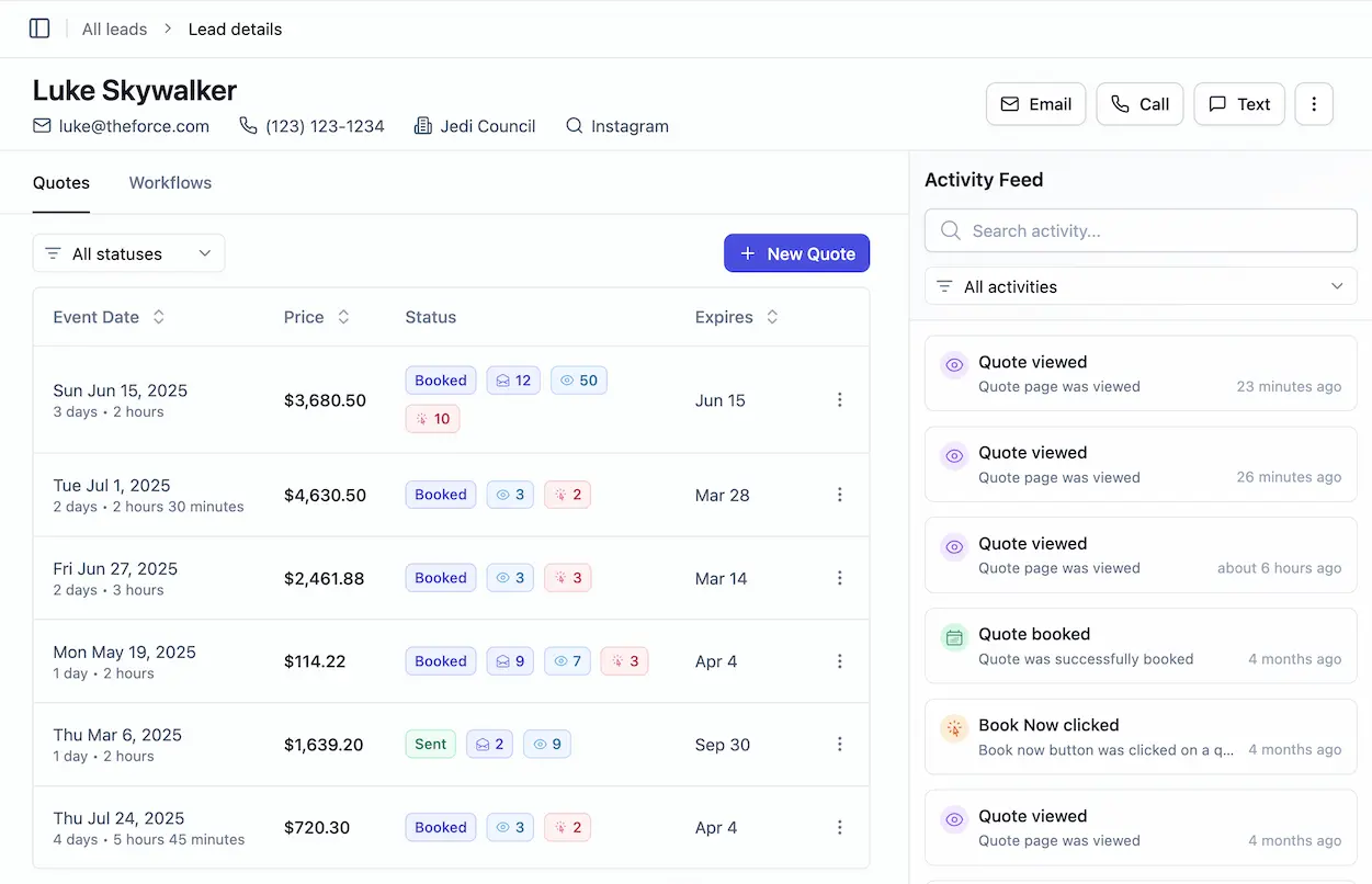 Flashquotes desktop dashboard showing event management and instant booking features