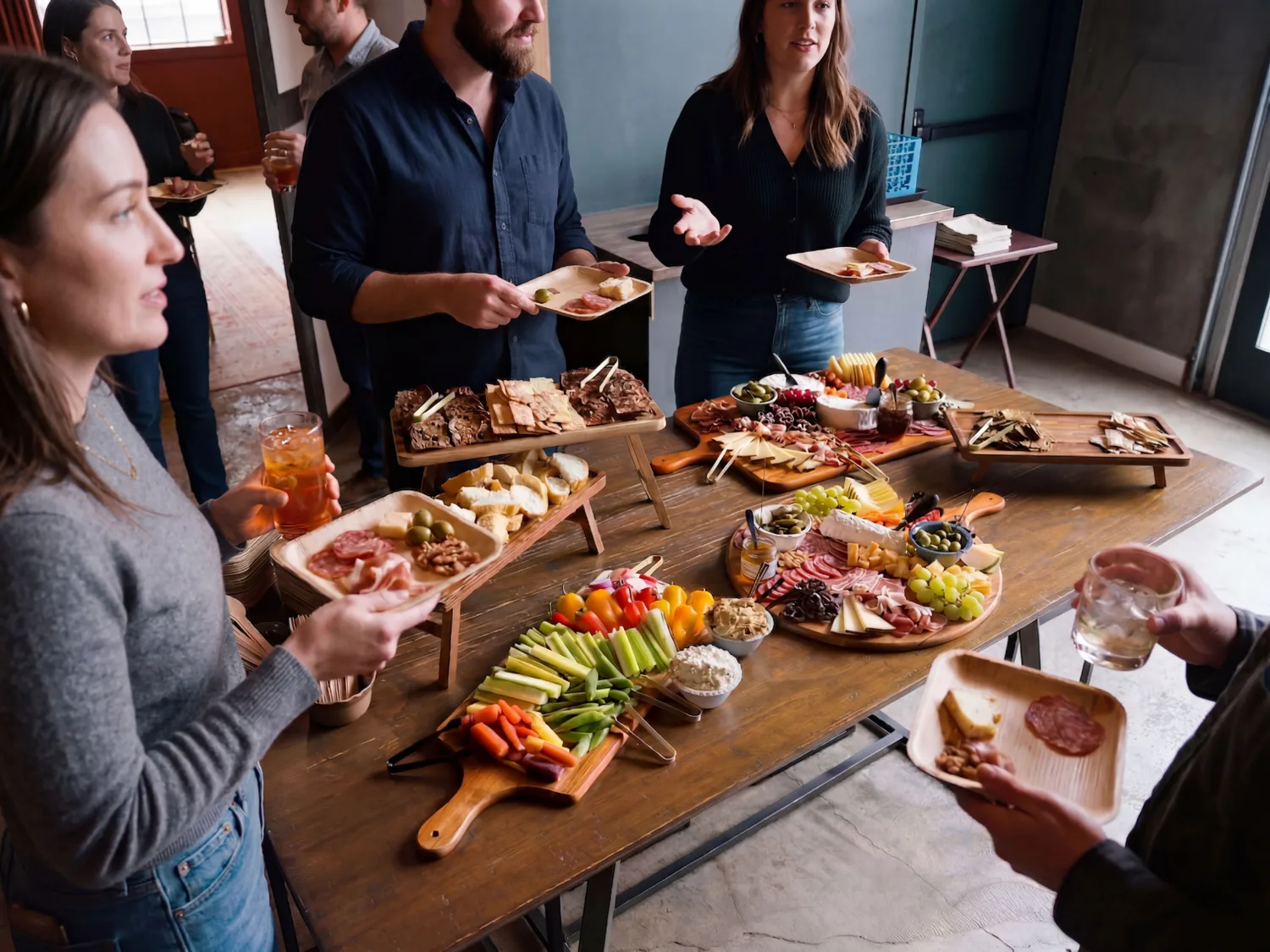 Guests grazing from charcuterie boards and a snack cart spread at an event